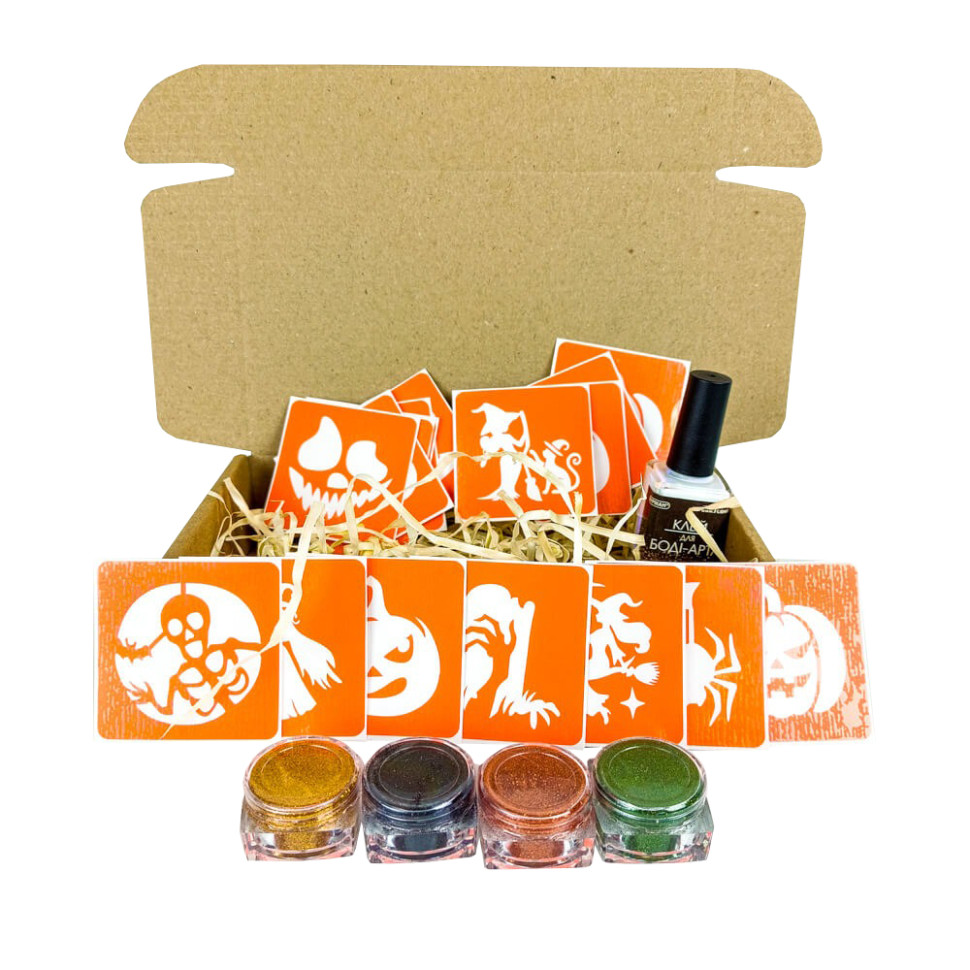 Набор для био-тату "Хэллоуин - глиттер" set-halloween-glitter 18 трафаретов Набор для био-тату "Хэллоуин - глиттер" set-halloween-glitter 18 трафаретов