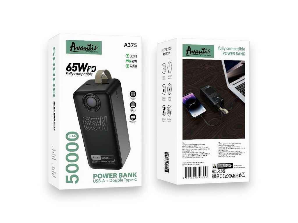 Power Bank 50000mAh A375 1USB/22.5W/PD22.5W/PD65W(для заряджання ноутбука) (input Type-C 60W) чорний ТМ AVANTIS Power Bank 50000mAh A375 1USB/22.5W/PD22.5W/PD65W(для заряджання ноутбука) (input Type-C 60W) чорний ТМ AVANTIS