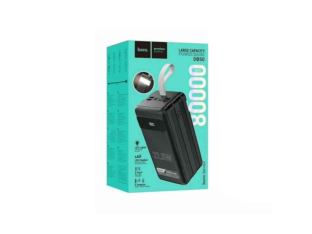 Power Bank 80000mAh DB50 4USB/QC3.0/22.5W/PD20W/LED дисплей/ліхтарик (input Lightning/micro/Type-C) чорний ТМ HOCO Power Bank 80000mAh DB50 4USB/QC3.0/22.5W/PD20W/LED дисплей/ліхтарик (input Lightning/micro/Type-C) чорний ТМ HOCO