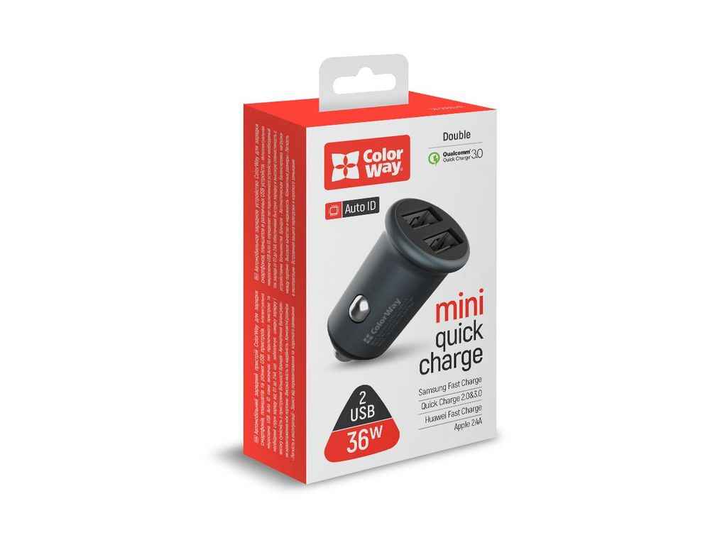 Автомобільний зарядний пристрій 2USB Quick Charge 3.0 (36Вт) сірий ТМ СolorWay Автомобільний зарядний пристрій 2USB Quick Charge 3.0 (36Вт) сірий ТМ СolorWay