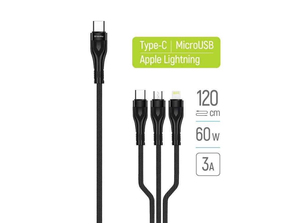 Кабель 3 в 1 Type-C (LightningMicroUSBType-C) 3.0A (PD60W data) 1.2м чорний ТМ СolorWay Кабель 3 в 1 Type-C (LightningMicroUSBType-C) 3.0A (PD60W data) 1.2м чорний ТМ СolorWay