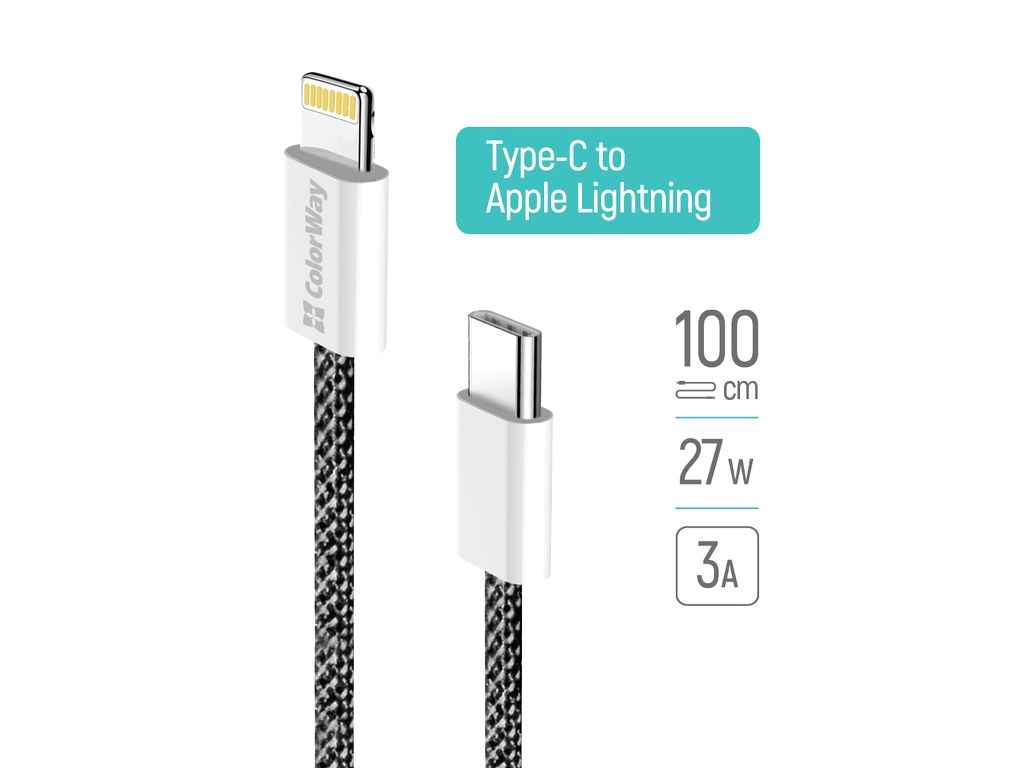 Кабель Type С-Lightning Apple (braided cotton) (PD Fast Charging 27W) 1м чорний ТМ СolorWay Кабель Type С-Lightning Apple (braided cotton) (PD Fast Charging 27W) 1м чорний ТМ СolorWay
