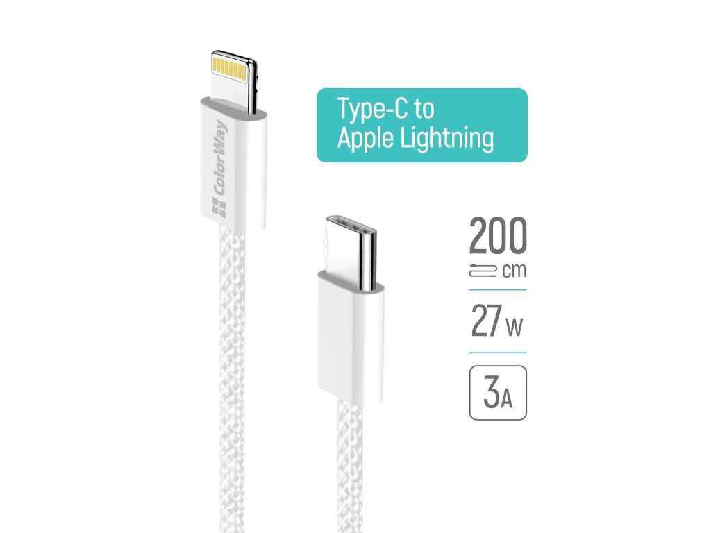 Кабель Type С-Lightning Apple (braided cotton) (PD Fast Charging 27W) 2м сірий ТМ СolorWay Кабель Type С-Lightning Apple (braided cotton) (PD Fast Charging 27W) 2м сірий ТМ СolorWay