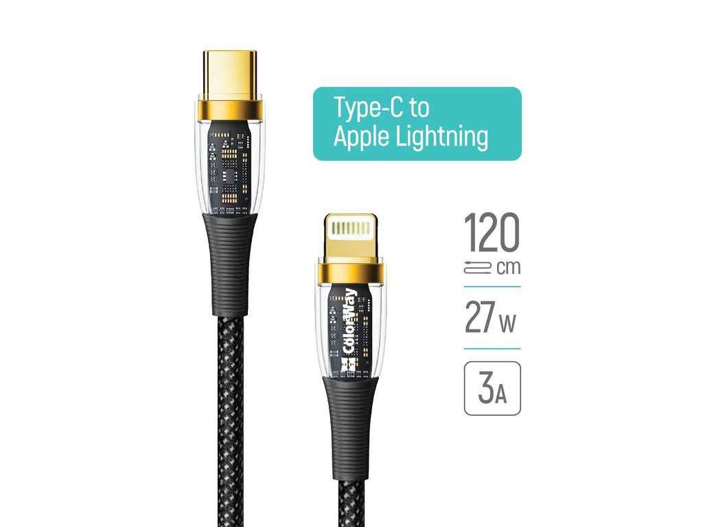 Кабель Type С-Lightning Apple (Transparent Head) (PD Fast Charging 27W) 3А 1.2м чорний ТМ СolorWay Кабель Type С-Lightning Apple (Transparent Head) (PD Fast Charging 27W) 3А 1.2м чорний ТМ СolorWay