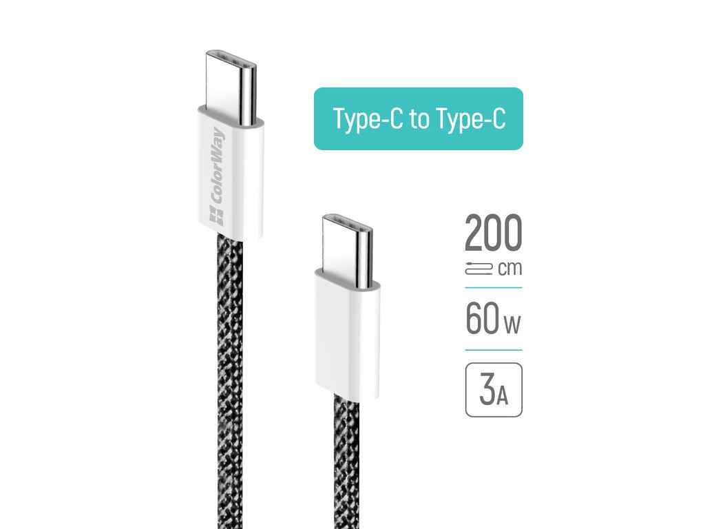 Кабель Type-C - Type-C (braided cotton) (PD Fast Charging 60W) 3.0А 2м чорний ТМ СolorWay Кабель Type-C - Type-C (braided cotton) (PD Fast Charging 60W) 3.0А 2м чорний ТМ СolorWay