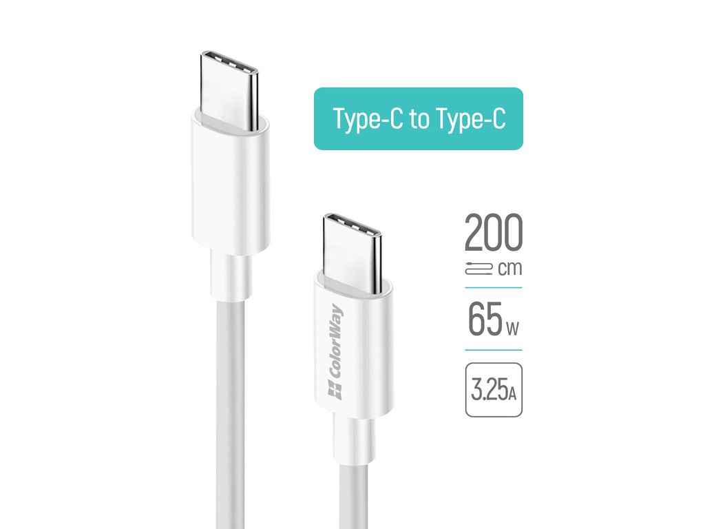 Кабель Type-C - Type-C (TPE) (PD Fast Charging 65W) 3.0А 2м білий ТМ СolorWay Кабель Type-C - Type-C (TPE) (PD Fast Charging 65W) 3.0А 2м білий ТМ СolorWay