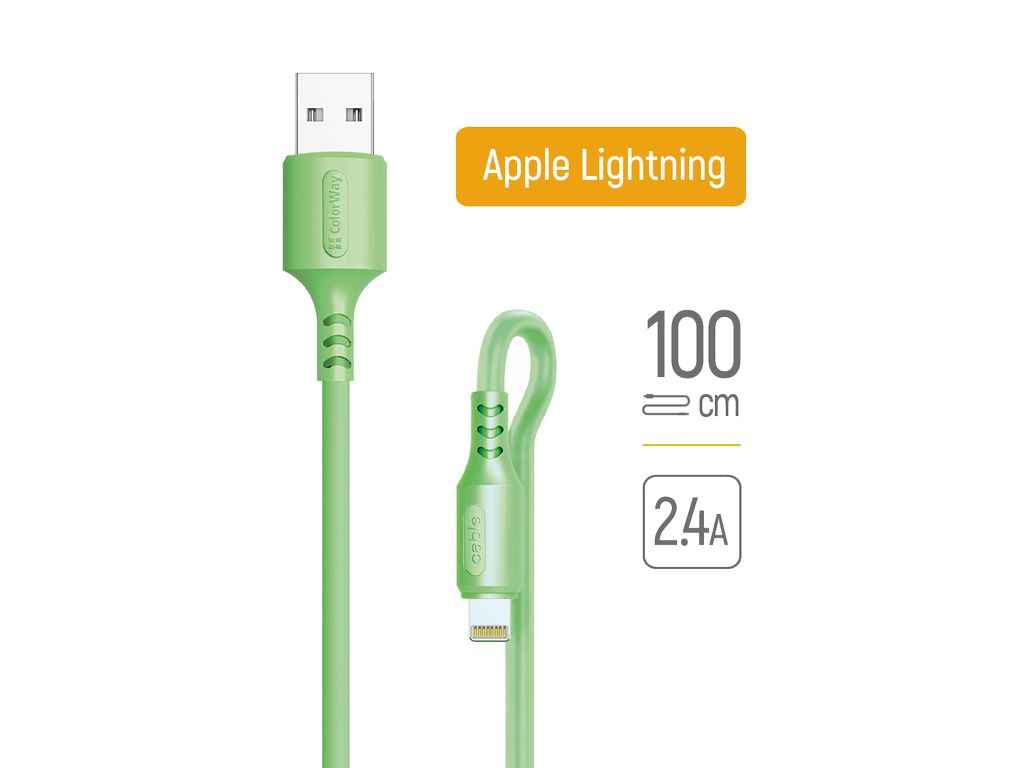 Кабель USB - Lightning Apple (soft silicone) 2.4а 1м зелений ТМ СolorWay Кабель USB - Lightning Apple (soft silicone) 2.4а 1м зелений ТМ СolorWay