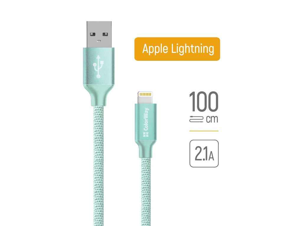 Кабель USB - Lightning Apple 2.1А 1м мятний ТМ СolorWay Кабель USB - Lightning Apple 2.1А 1м мятний ТМ СolorWay