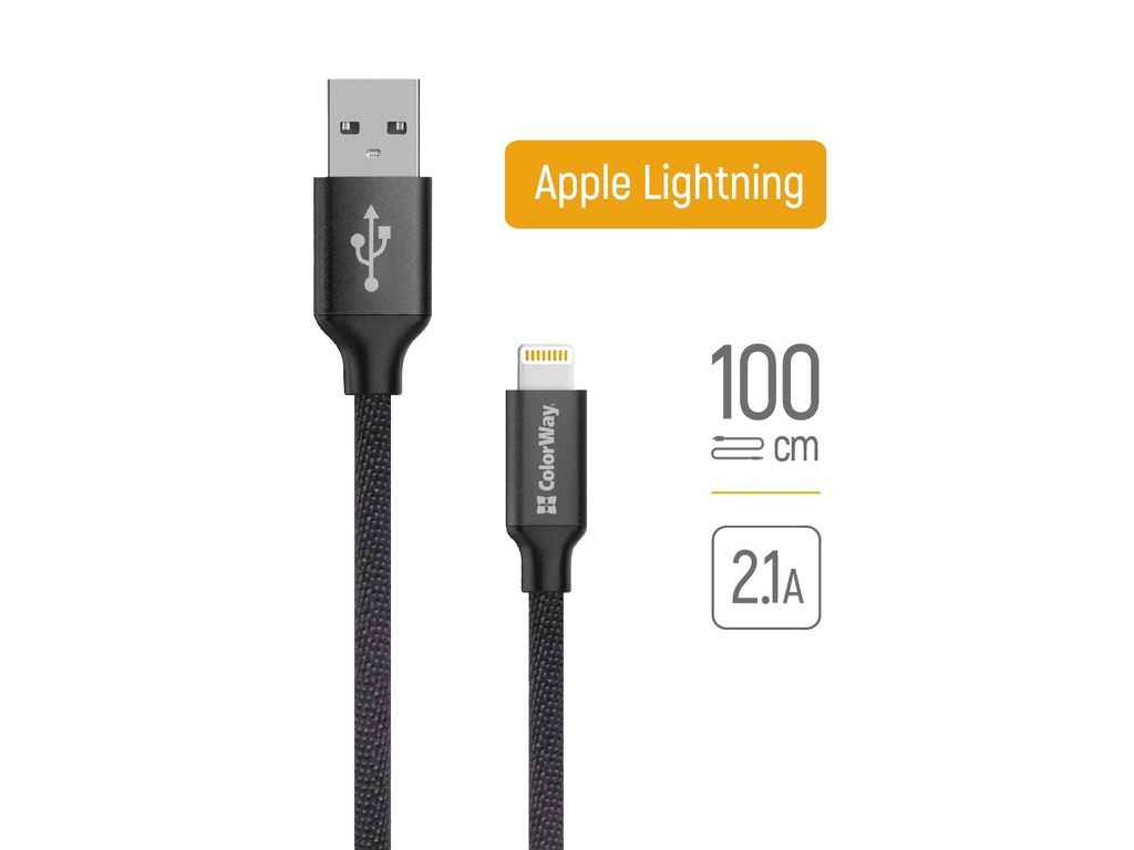 Кабель USB - Lightning Apple 2.1А 1м чорний ТМ СolorWay Кабель USB - Lightning Apple 2.1А 1м чорний ТМ СolorWay