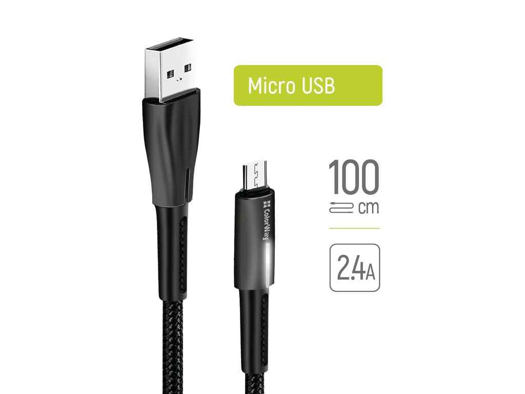 Кабель USB - microUSB (zinc alloy led) 2.4А 1м чорний ТМ СolorWay Кабель USB - microUSB (zinc alloy led) 2.4А 1м чорний ТМ СolorWay