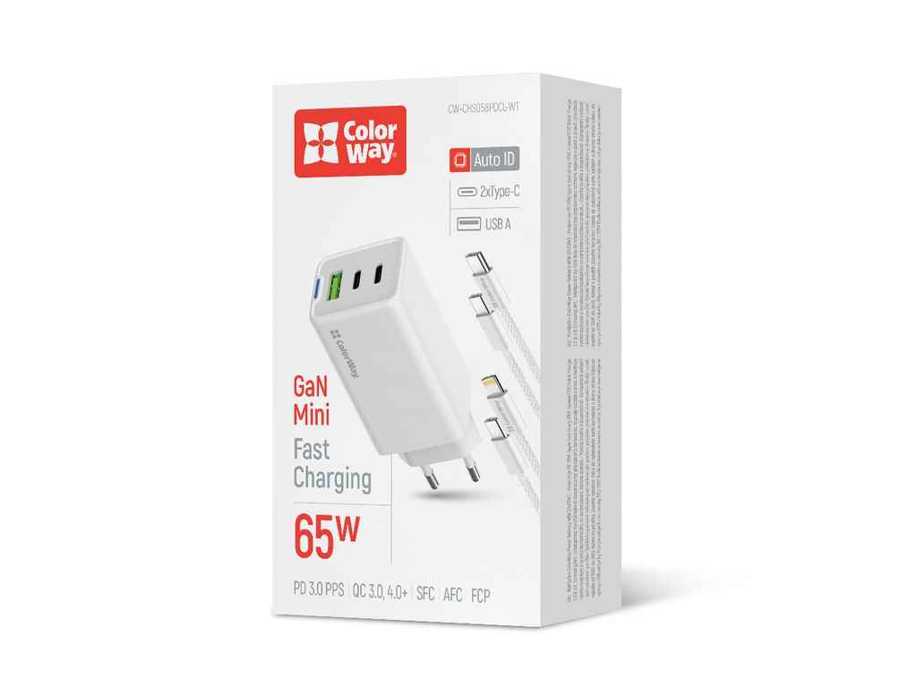Мережевий зарядний пристрій GaN Mini 65W PD Port PPS USB (USB-2C1A) cable Type-CLightning ТМ СolorWay Мережевий зарядний пристрій GaN Mini 65W PD Port PPS USB (USB-2C1A) cable Type-CLightning ТМ СolorWay