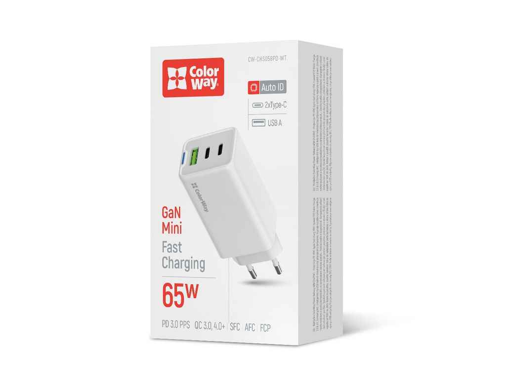Мережевий зарядний пристрій GaN Mini 65W PD Port PPS USB (USB-2C1A) біле ТМ СolorWay Мережевий зарядний пристрій GaN Mini 65W PD Port PPS USB (USB-2C1A) біле ТМ СolorWay