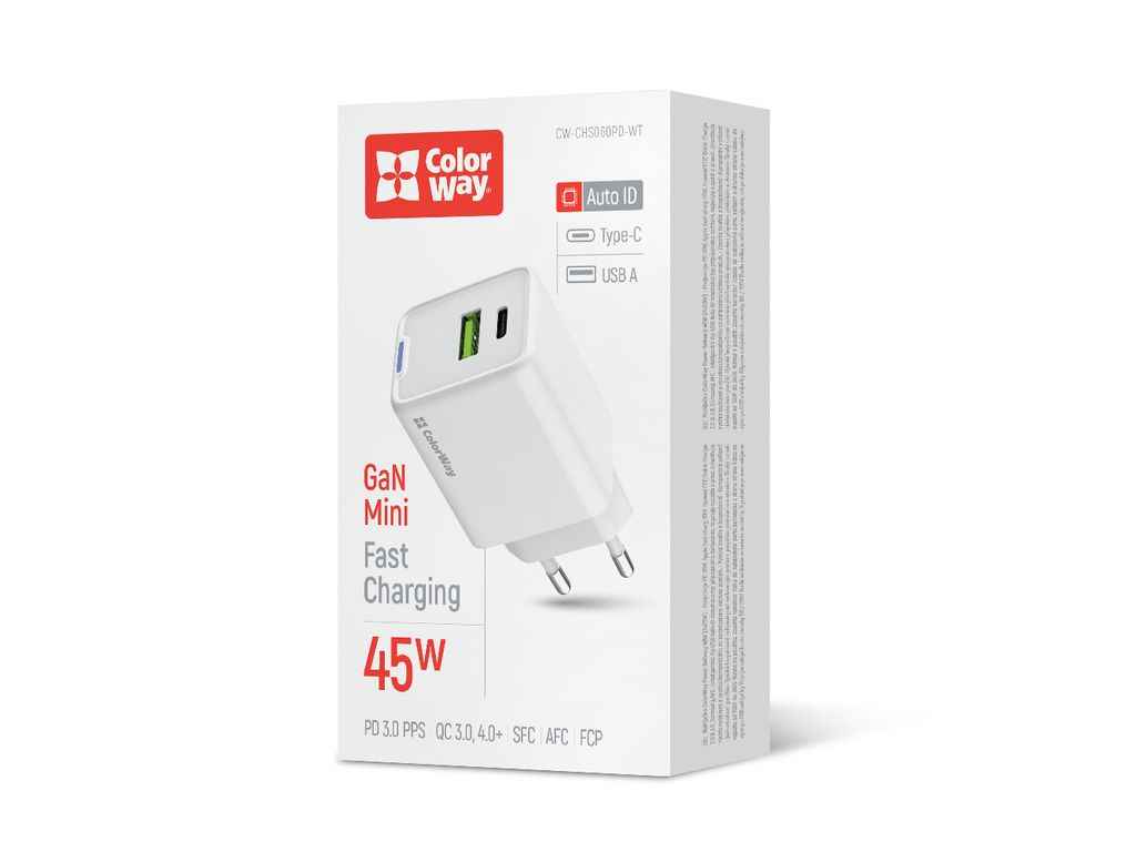 Мережевий зарядний пристрій GaN Mini 45W PD Port PPS USB (Type-C PD USB QC4.0) білий ТМ СolorWay Мережевий зарядний пристрій GaN Mini 45W PD Port PPS USB (Type-C PD USB QC4.0) білий ТМ СolorWay