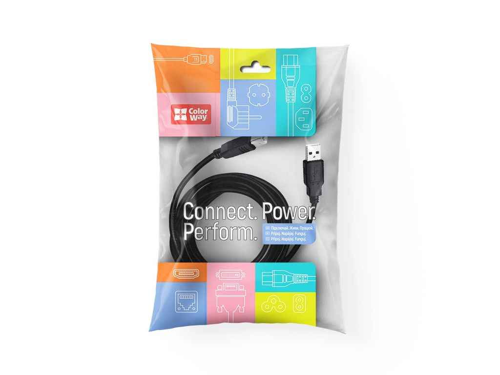 Кабель USB 2.0 AM to BM Print Cable 2м чорний ТМ СolorWay Кабель USB 2.0 AM to BM Print Cable 2м чорний ТМ СolorWay