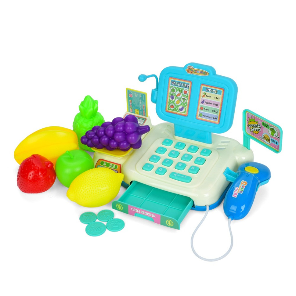 Детский игровой кассовый аппарат 682-2A-2B(Blue) сканер, деньги, продукты Детский игровой кассовый аппарат 682-2A-2B(Blue) сканер, деньги, продукты