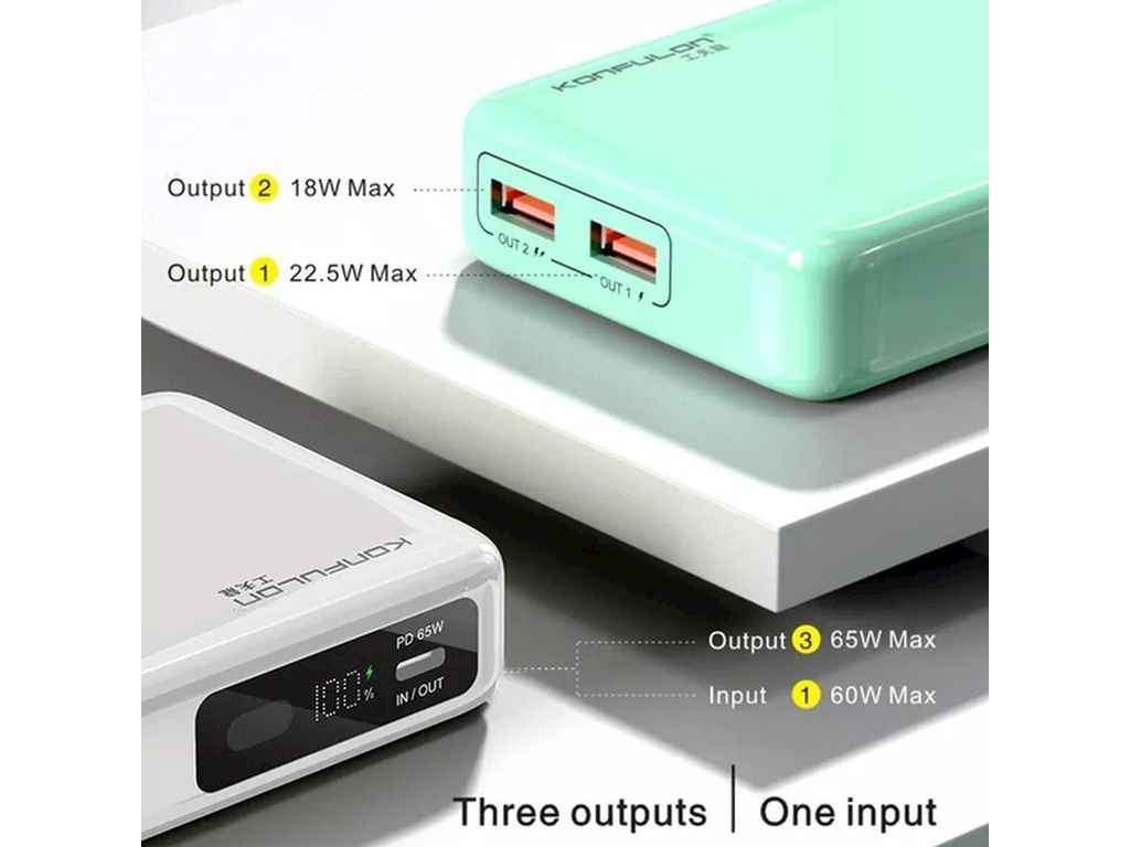 Power Bank 20000mAh A25Q 2USB-22.5W/PD65W (для заряджання ноутбука) (input Type-C 60W) білий ТМ KONFULON Power Bank 20000mAh A25Q 2USB-22.5W/PD65W (для заряджання ноутбука) (input Type-C 60W) білий ТМ KONFULON