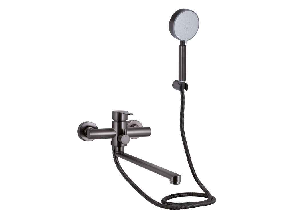 Змішувач Настінний графіт для ванни Pure 005 (k35) з довгим поворотним виливом та душовим гарнітуром BRIPUR005GRP ТМ Brinex Змішувач Настінний графіт для ванни Pure 005 (k35) з довгим поворотним виливом та душовим гарнітуром BRIPUR005GRP ТМ Brinex