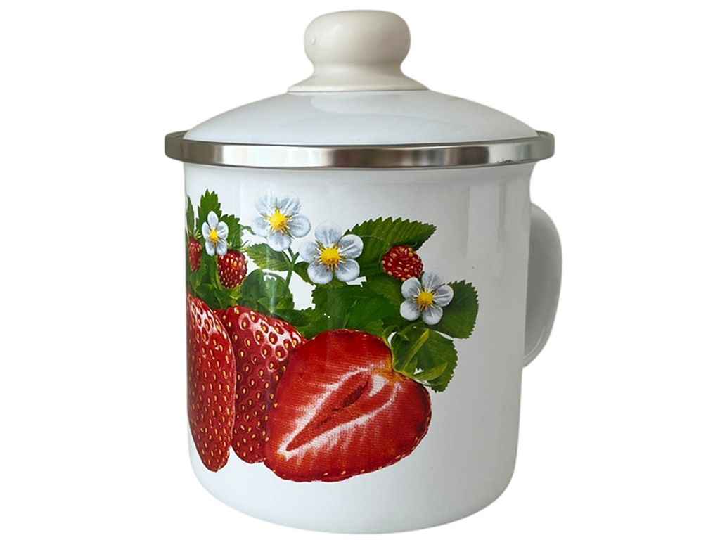 Кружка ем. 1л /2 з н/ж обідком та кришкою Полуниця (біла) I0207/2 ТМ IDILIA Кружка ем. 1л /2 з н/ж обідком та кришкою Полуниця (біла) I0207/2 ТМ IDILIA