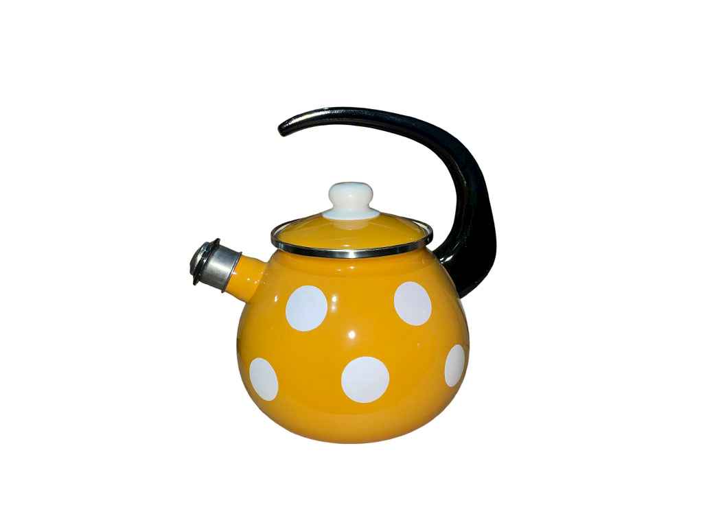 Чайник емальований 2,5л /4 з н/ж обідком і свистком Білий горох (гірчична) I2711/4 ТМ IDILIA Чайник емальований 2,5л /4 з н/ж обідком і свистком Білий горох (гірчична) I2711/4 ТМ IDILIA