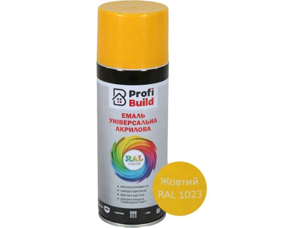 Фарба аерозольна 400мл жовтий акрилова універсальна RAL 1023 ТМ PROFI BUILD Фарба аерозольна 400мл жовтий акрилова універсальна RAL 1023 ТМ PROFI BUILD