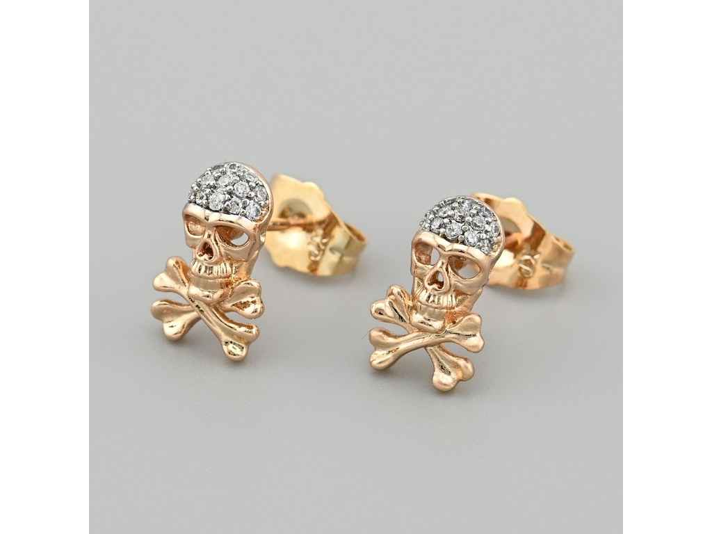 Сережки пусети з родіюванням Череп 48246 розмір 12х8мм білі фіаніти вага 1.7г позолота 18К ТМ XUPING Сережки пусети з родіюванням Череп 48246 розмір 12х8мм білі фіаніти вага 1.7г позолота 18К ТМ XUPING