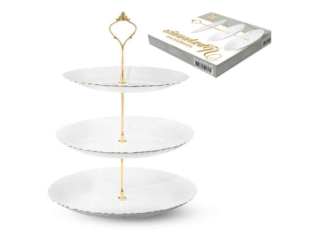 Цукерниця 30089-00 3х ярусна біла (10,9,8) золотий кант ТМ SNT Цукерниця 30089-00 3х ярусна біла (10,9,8) золотий кант ТМ SNT
