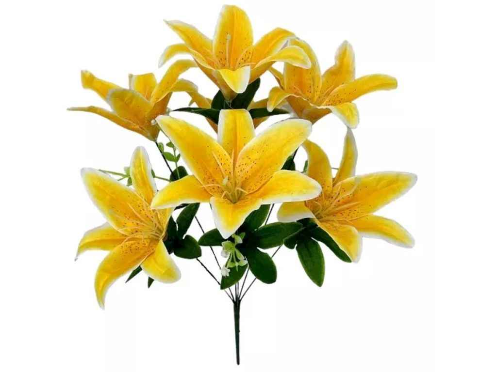 Букет штучних квітів атлас Лілії імператорські h-55см г-7 р-19см жовтий 6 117 ТМ КИТАЙ Букет штучних квітів атлас Лілії імператорські h-55см г-7 р-19см жовтий 6 117 ТМ КИТАЙ