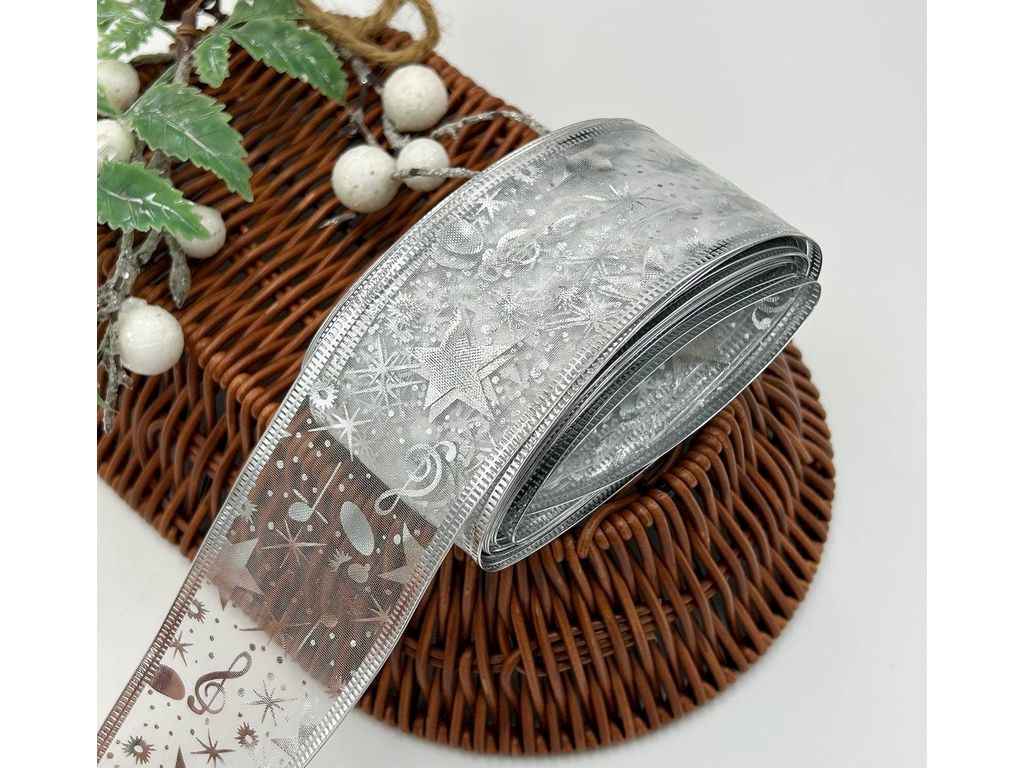 Стрічка Новорічний декоративна 5см 9м Срібний арт.№24 ТМ КИТАЙ Стрічка Новорічний декоративна 5см 9м Срібний арт.№24 ТМ КИТАЙ