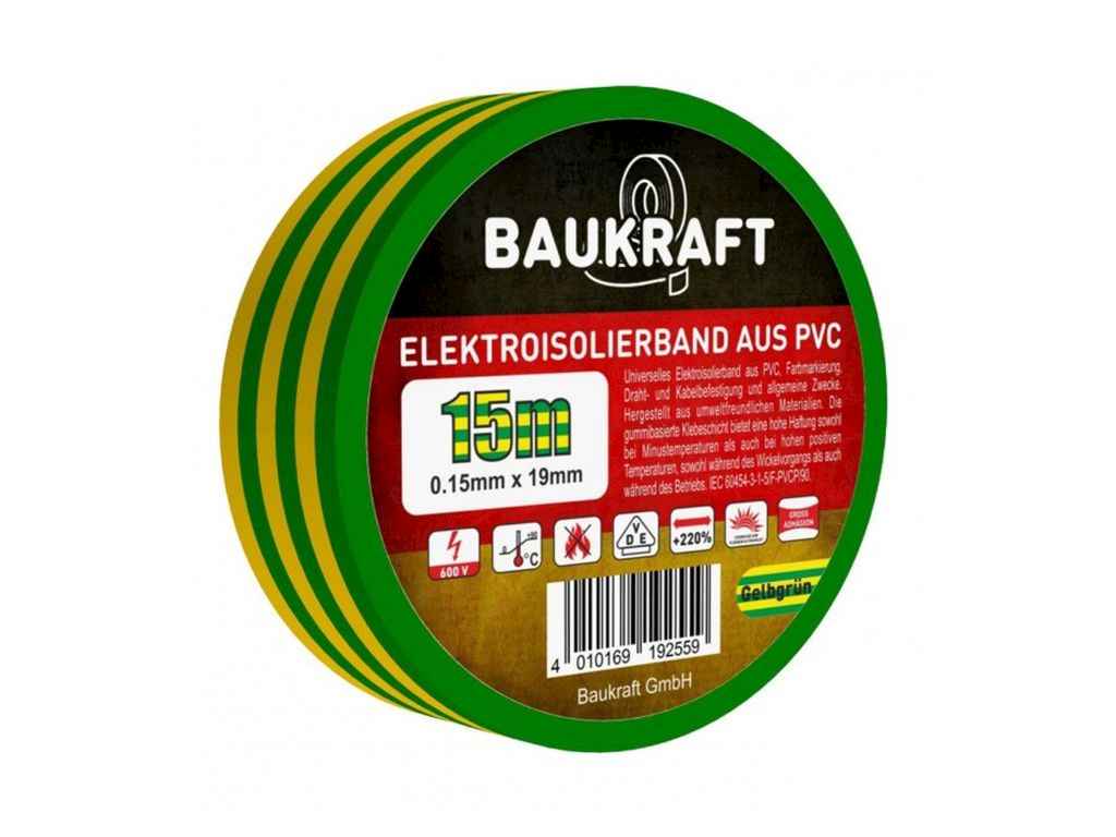 Ізоляційна стрічка, 19mmх15m жовтий/зелений ТМ BAUKRAFT Ізоляційна стрічка, 19mmх15m жовтий/зелений ТМ BAUKRAFT