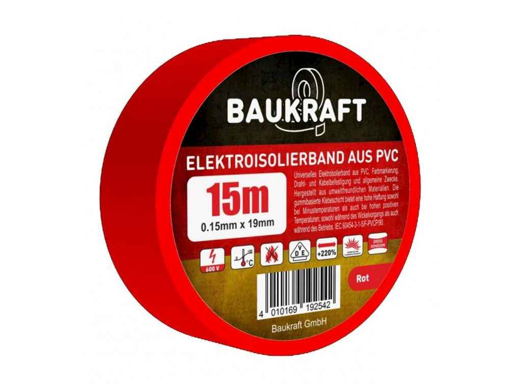 Ізоляційна стрічка, 19mmх15m червона ТМ BAUKRAFT Ізоляційна стрічка, 19mmх15m червона ТМ BAUKRAFT
