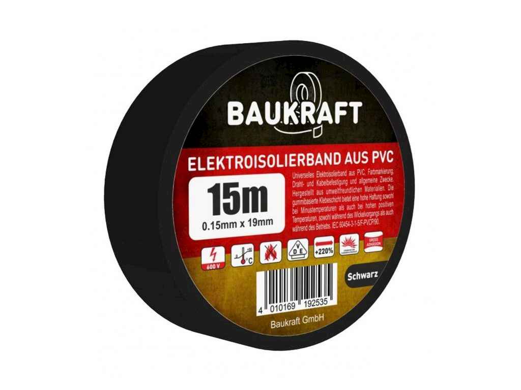 Ізоляційна стрічка, 19mmх15m чорна ТМ BAUKRAFT Ізоляційна стрічка, 19mmх15m чорна ТМ BAUKRAFT