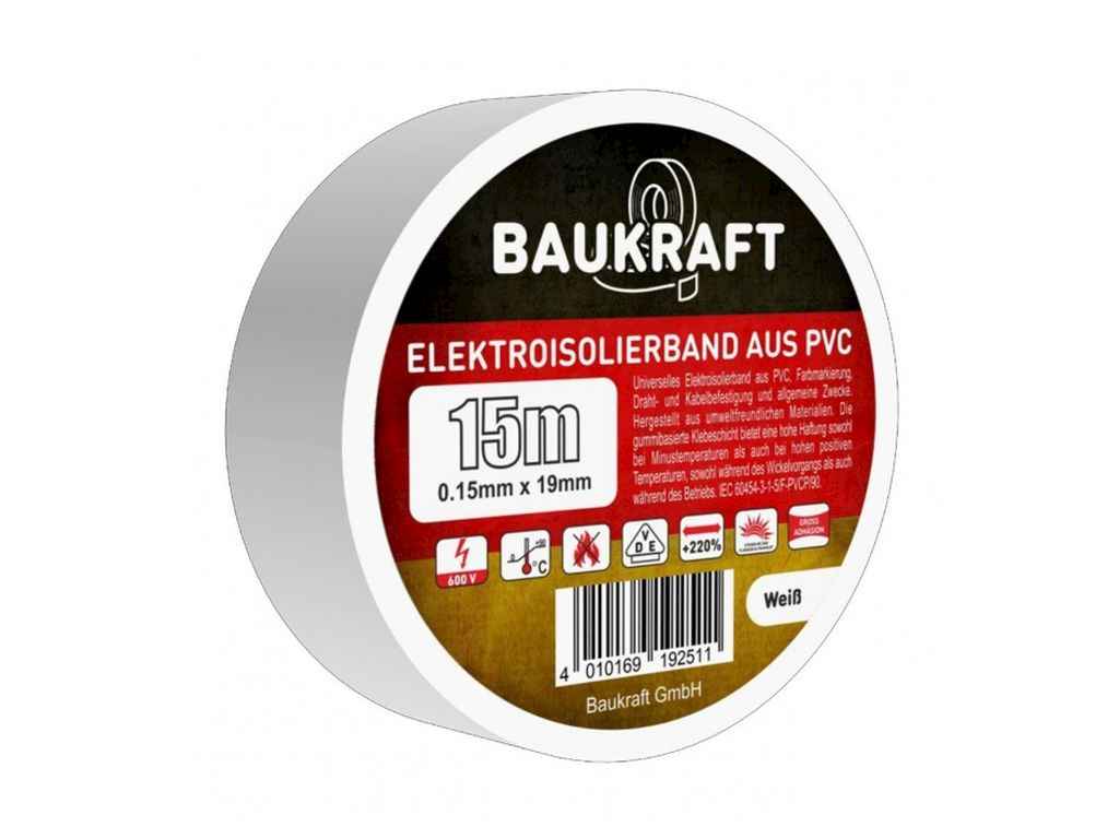 Ізоляційна стрічка, 19mmх15m біла ТМ BAUKRAFT Ізоляційна стрічка, 19mmх15m біла ТМ BAUKRAFT