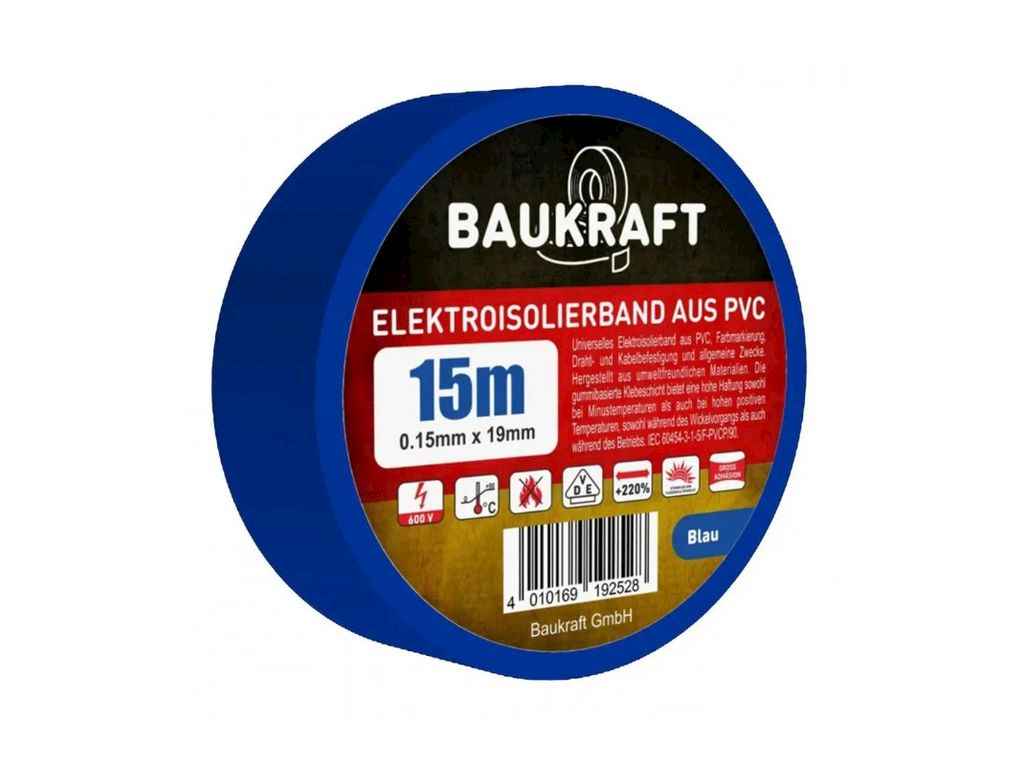Ізоляційна стрічка, 19mmх15m блакитна ТМ BAUKRAFT Ізоляційна стрічка, 19mmх15m блакитна ТМ BAUKRAFT