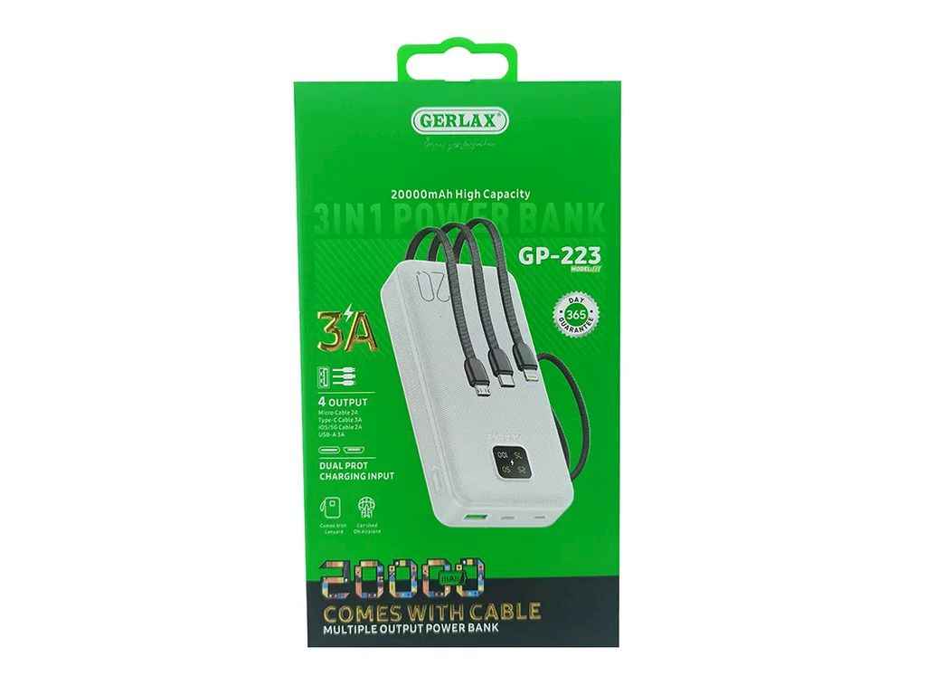 Power Bank 20000mAh GP-223 1USB/3A/LED дисплей/кабель 3в1(microUSB/type-C/lightning) білий ТМ Gerlax Power Bank 20000mAh GP-223 1USB/3A/LED дисплей/кабель 3в1(microUSB/type-C/lightning) білий ТМ Gerlax