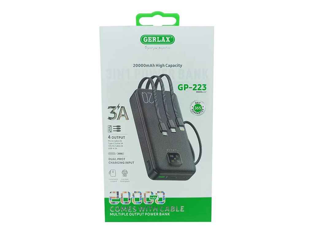 Power Bank 20000mAh GP-223 1USB/3A/LED дисплей/кабель 3в1(microUSB/type-C/lightning) чорний ТМ Gerlax Power Bank 20000mAh GP-223 1USB/3A/LED дисплей/кабель 3в1(microUSB/type-C/lightning) чорний ТМ Gerlax
