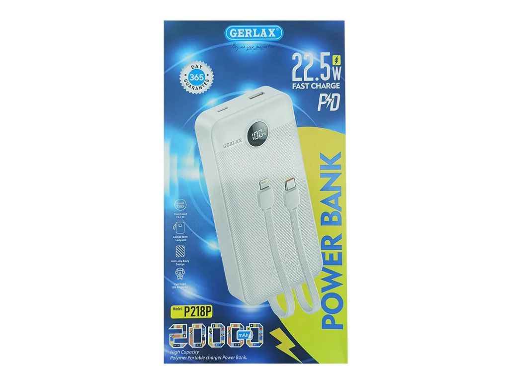 Power Bank 20000mAh P218P 1USB/QC3.0/PD22.5W/LED дисплей/кабель (Type-C/Lightning) білий ТМ Gerlax Power Bank 20000mAh P218P 1USB/QC3.0/PD22.5W/LED дисплей/кабель (Type-C/Lightning) білий ТМ Gerlax
