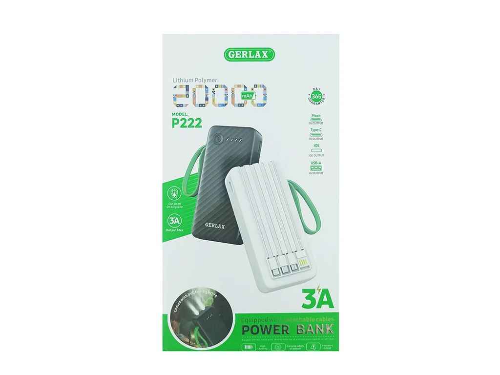 Power Bank 20000mAh P222 1USB/3A/ліхтарик/кабель 4в1(microUSB/type-C/lightning) чорний ТМ Gerlax Power Bank 20000mAh P222 1USB/3A/ліхтарик/кабель 4в1(microUSB/type-C/lightning) чорний ТМ Gerlax