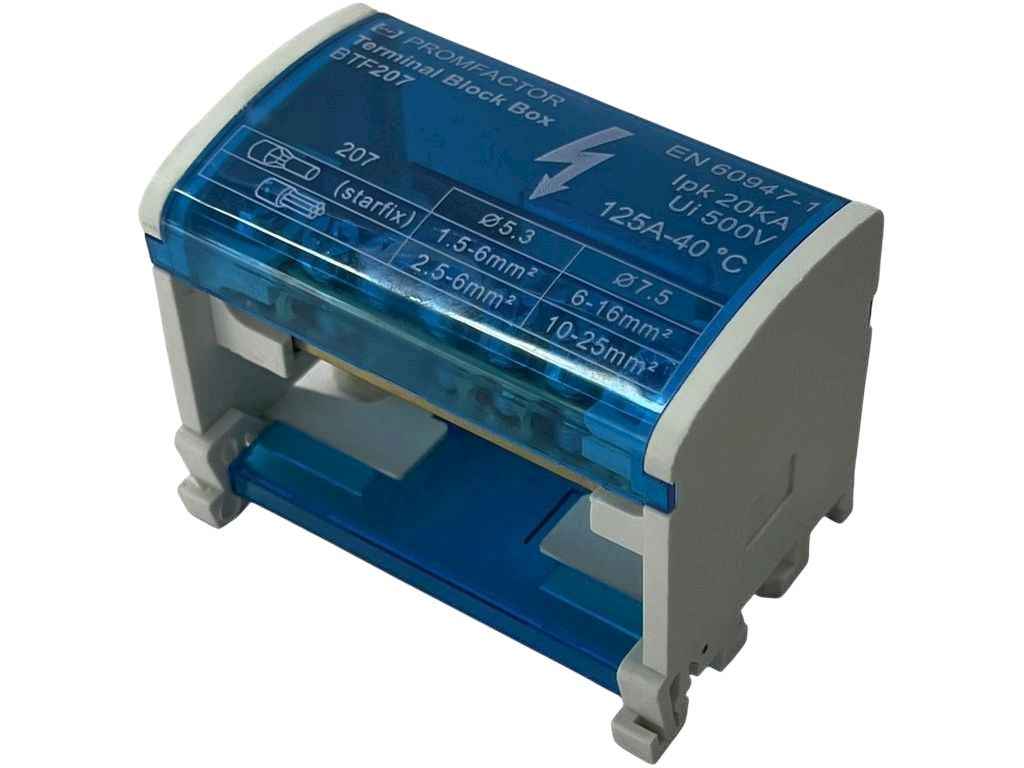 Шина нульова в корпусі 2P 125A 2x7 690V BTF207 DIN-рейка/гвинтовий/на монтажну панель ТМPF Шина нульова в корпусі 2P 125A 2x7 690V BTF207 DIN-рейка/гвинтовий/на монтажну панель ТМPF