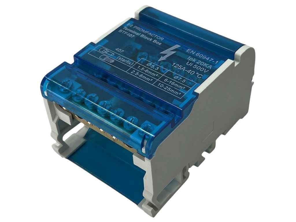 Шина нульова в корпусі 4P 125A 4x7 690V BTF407 DIN-рейка/гвинтовий/на монтажну панель ТМPF Шина нульова в корпусі 4P 125A 4x7 690V BTF407 DIN-рейка/гвинтовий/на монтажну панель ТМPF