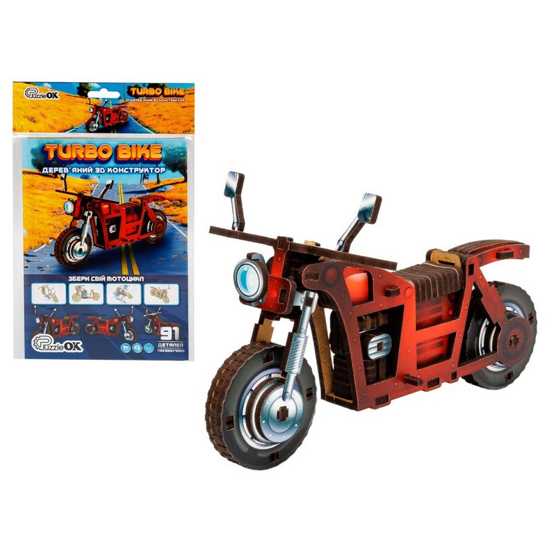 Дитячий дерев'яний 3D конструктор "Турбо байк" Puz-00961, 91 деталь Дитячий дерев'яний 3D конструктор "Турбо байк" Puz-00961, 91 деталь