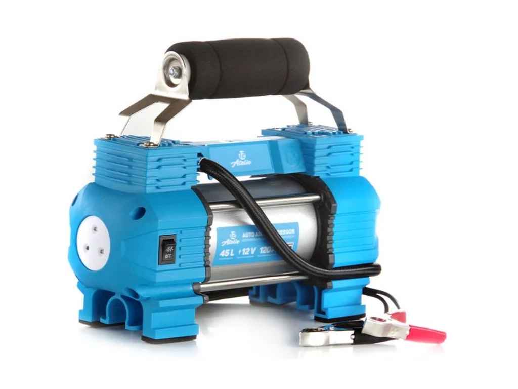 Компресор автомобільний 12V 45 двопоршневий з ліхтарем 8,2Атм (Кручений шланг, клеми АКБ) ТМ12 Atelie Компресор автомобільний 12V 45 двопоршневий з ліхтарем 8,2Атм (Кручений шланг, клеми АКБ) ТМ12 Atelie