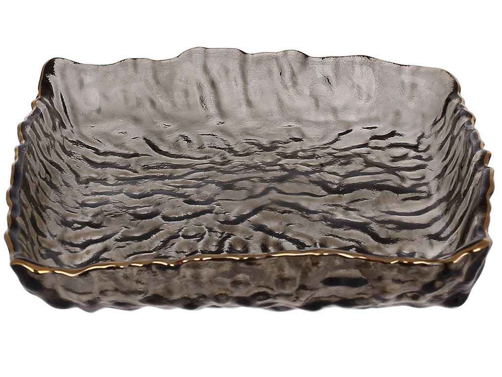 Блюдо скляне Nautilus 15х15х4см, димчасто-сірий із золотим обідком ТМ BONADI Блюдо скляне Nautilus 15х15х4см, димчасто-сірий із золотим обідком ТМ BONADI