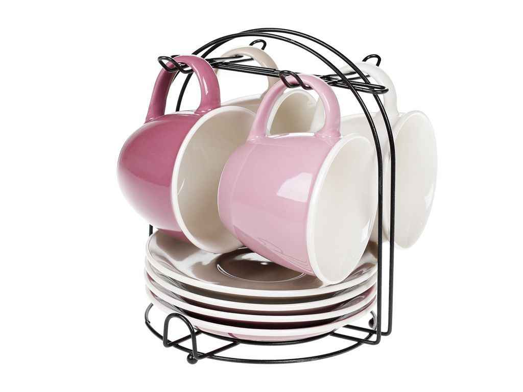 Набір чашок 4пр. 170мл порцелянових із блюдцями на металевій підставці Лавандове поле ТМ BONADI Набір чашок 4пр. 170мл порцелянових із блюдцями на металевій підставці Лавандове поле ТМ BONADI