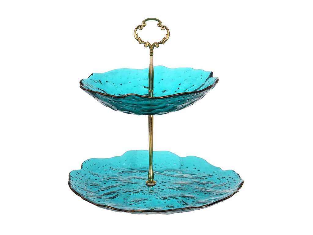 Фруктівниця скляна двоярусна 24,5см, бірюзово-зелений із золотим обідком ТМ BONADI Фруктівниця скляна двоярусна 24,5см, бірюзово-зелений із золотим обідком ТМ BONADI