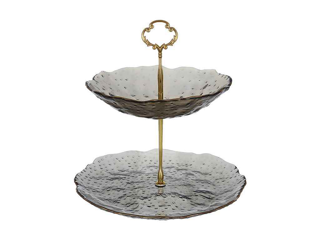 Фруктівниця скляна двоярусна 24,5см, димчасто-сірий із золотим обідком ТМ BONADI Фруктівниця скляна двоярусна 24,5см, димчасто-сірий із золотим обідком ТМ BONADI