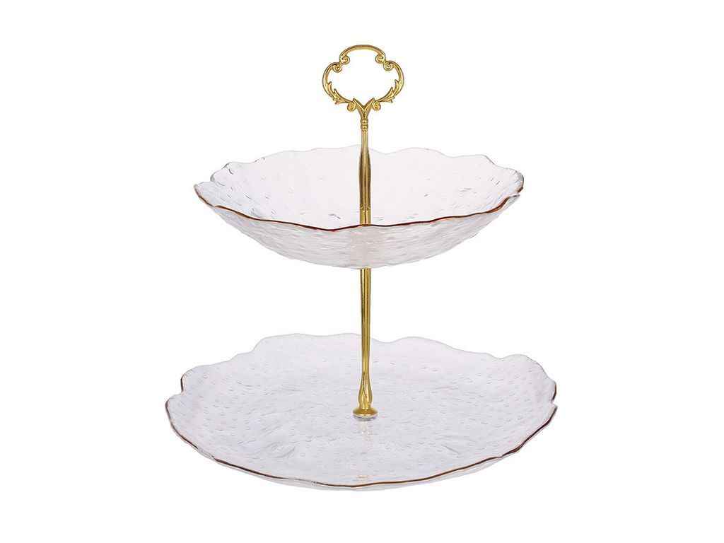 Фруктівниця скляна двоярусна із золотим обідком 24,5см ТМ BONADI Фруктівниця скляна двоярусна із золотим обідком 24,5см ТМ BONADI