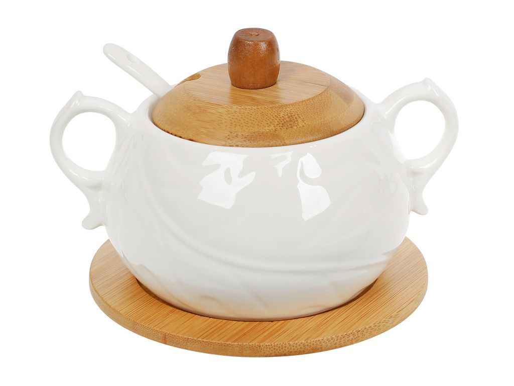 Цукорниця 400мл порцелянова з ложкою та бамбуковою кришкою Naturel ТМ BONADI Цукорниця 400мл порцелянова з ложкою та бамбуковою кришкою Naturel ТМ BONADI