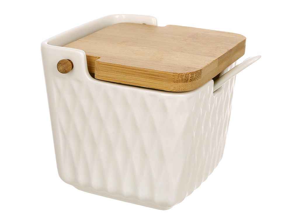 Цукорниця порцелянова з ложкою та бамбуковою кришкою Romb 10,8х9,5х9,5см ТМ BONADI Цукорниця порцелянова з ложкою та бамбуковою кришкою Romb 10,8х9,5х9,5см ТМ BONADI