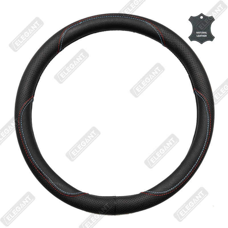 Чохол на кермо шкіра "М" (37-38см) чорний Elegant 105797 перфор. прошита ниткою червоно-синя/1 шов Чохол на кермо шкіра "М" (37-38см) чорний Elegant 105797 перфор. прошита ниткою червоно-синя/1 шов