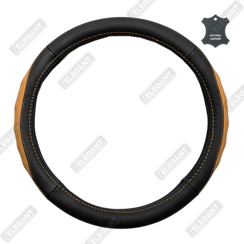 Чохол на кермо шкіра "М" (37-38см) чорний Elegant 105810 перфорац+коричнева вставка/біла основ/4 шва Чохол на кермо шкіра "М" (37-38см) чорний Elegant 105810 перфорац+коричнева вставка/біла основ/4 шва